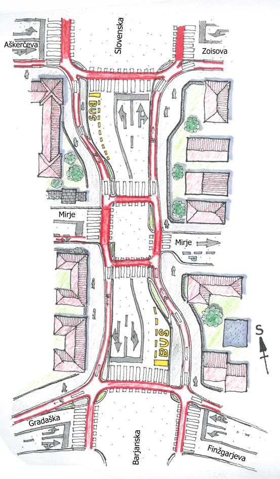 ilustracija prometne ureditve Barjanske ceste v Ljubljani
