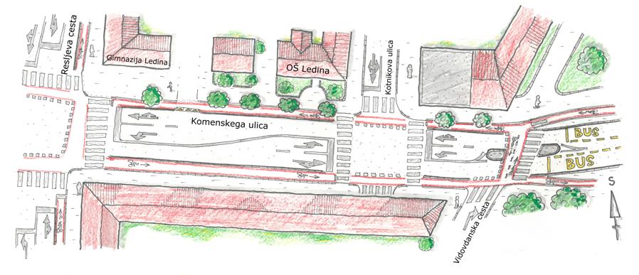 Ilustracija prometne ureditve na Komenskega ulici v Ljubljani